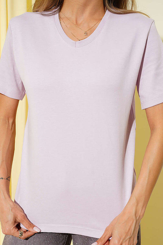 V Yaka Detaylı Basic T-shirt Lila