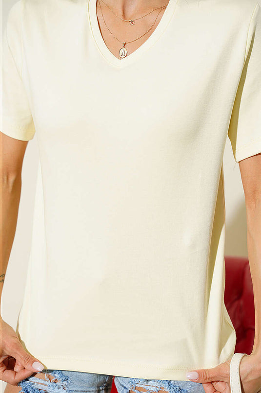 V Yaka Detaylı Basic T-shirt Sarı