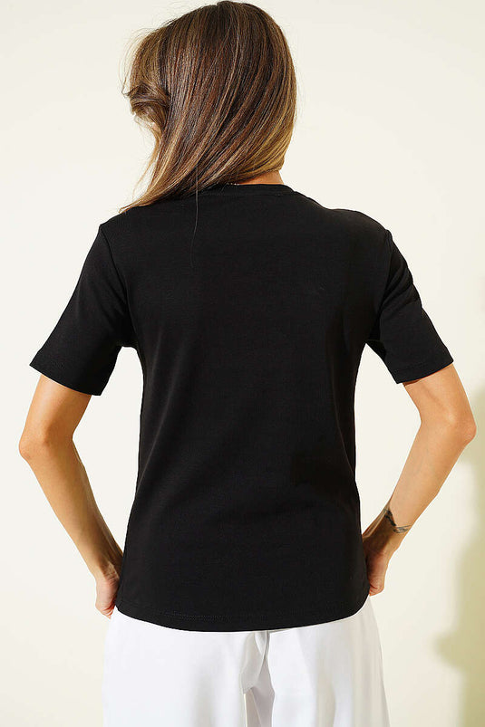 V Yaka Detaylı Basic T-shirt Siyah