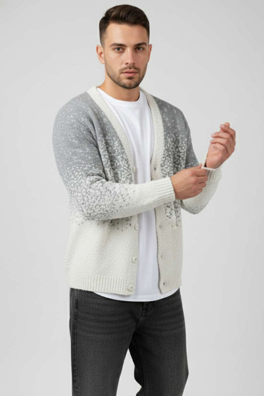 V Yaka Düğmeli Erkek Triko Hırka Kemik