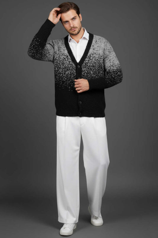 V-Neck Buttoned Men's Knitted Cardigan, Black