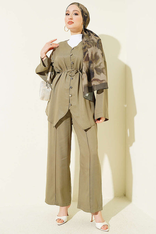 Ensemble deux pièces col en V avec boutons, vert avocat