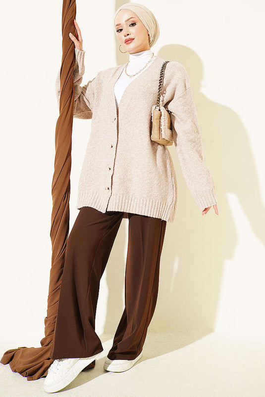 Cardigan Beige Oversize Con Scollo A V E Bottoni