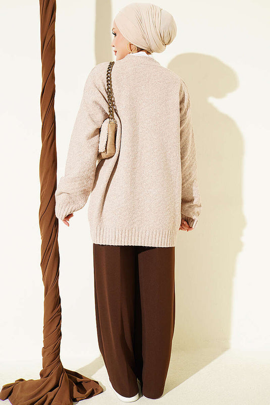 Cardigan Beige Oversize Con Scollo A V E Bottoni