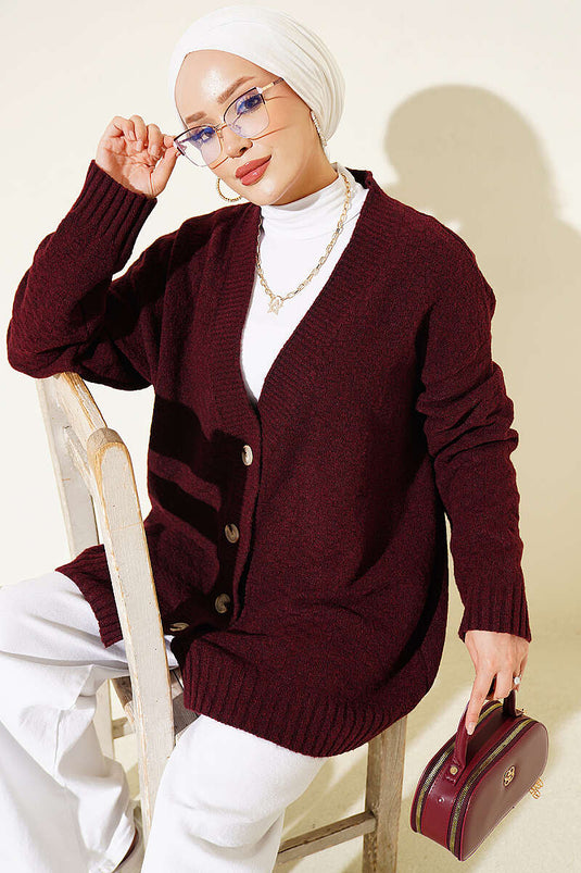 Chaqueta De Punto Oversize Con Cuello En V Y Botones Burdeos