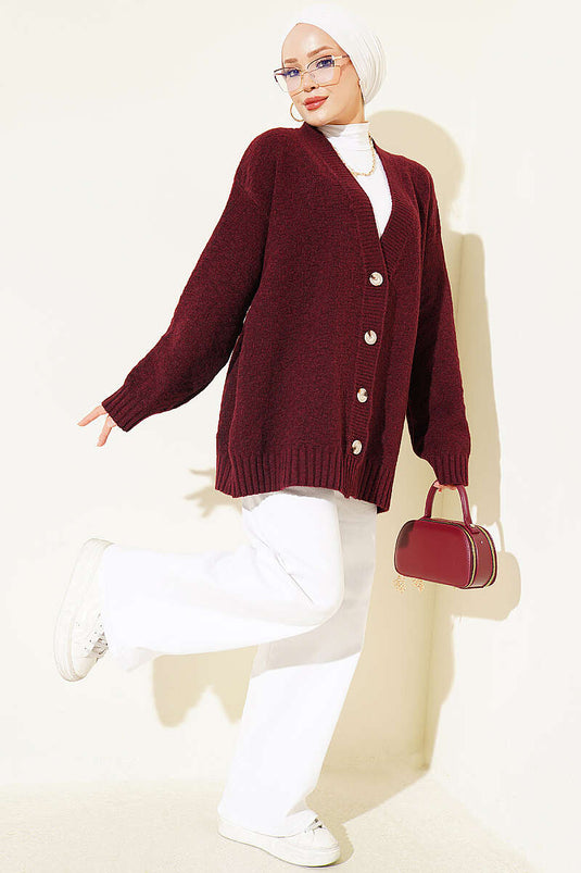 Chaqueta De Punto Oversize Con Cuello En V Y Botones Burdeos