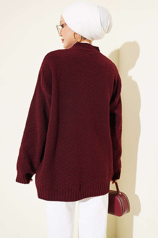 Chaqueta De Punto Oversize Con Cuello En V Y Botones Burdeos