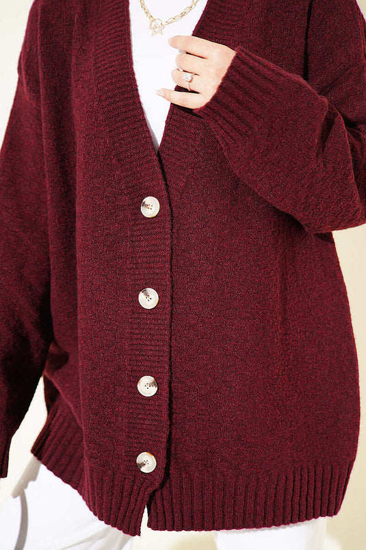 Chaqueta De Punto Oversize Con Cuello En V Y Botones Burdeos