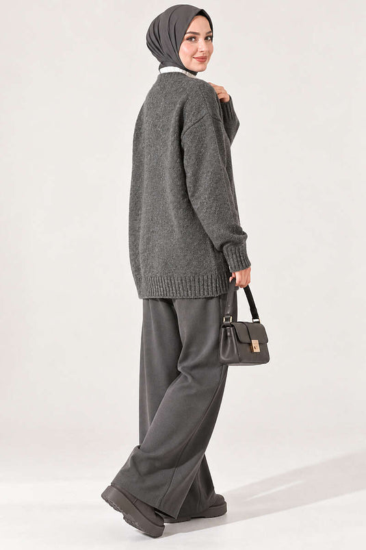 Oversized Strickjacke Mit V-Ausschnitt Und Knöpfen, Rauchgrau
