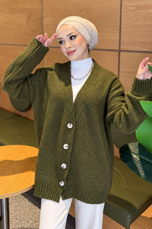 Gilet En Maille Oversize À Col En V Et Boutons Kaki