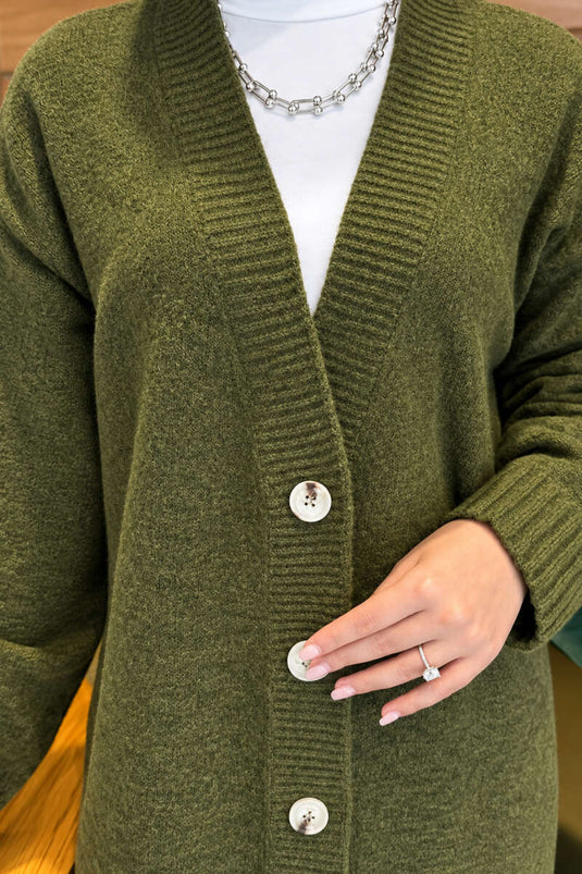 Gilet En Maille Oversize À Col En V Et Boutons Kaki