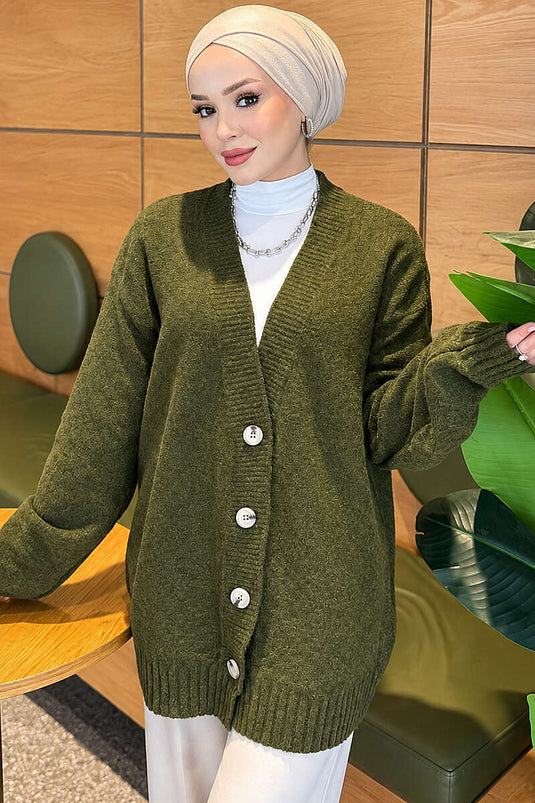 Gilet En Maille Oversize À Col En V Et Boutons Kaki