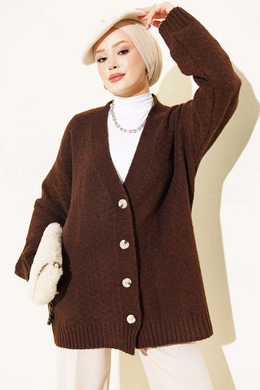 Gilet En Maille Oversize À Col En V Et Boutons Marron