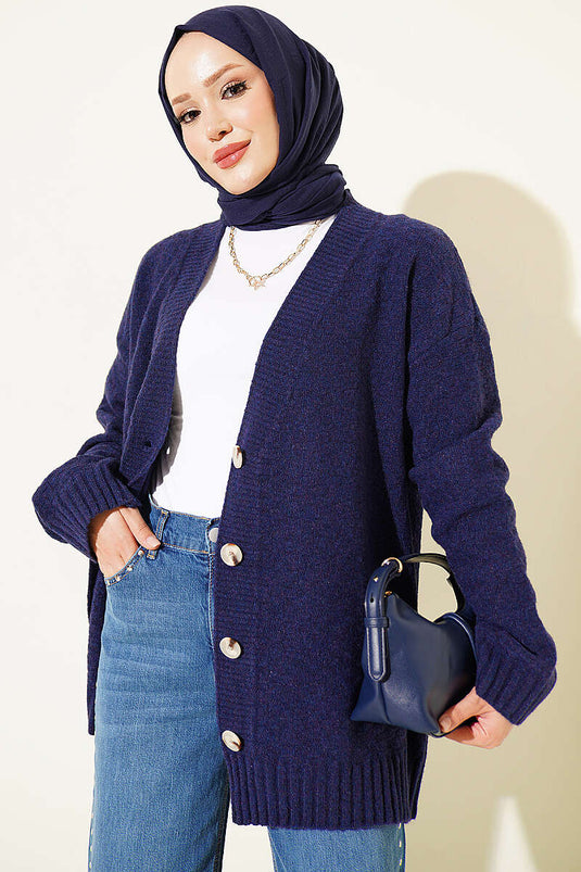 V Neck Buttoned Oversized Knit Cardigan Navy