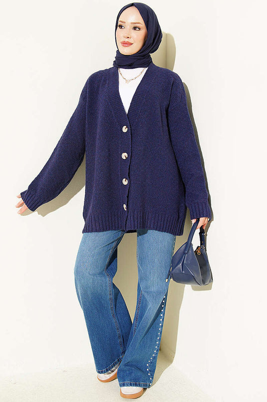 V Neck Buttoned Oversized Knit Cardigan Navy