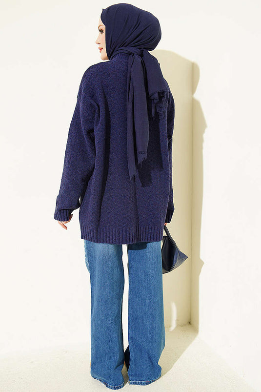 V Neck Buttoned Oversized Knit Cardigan Navy