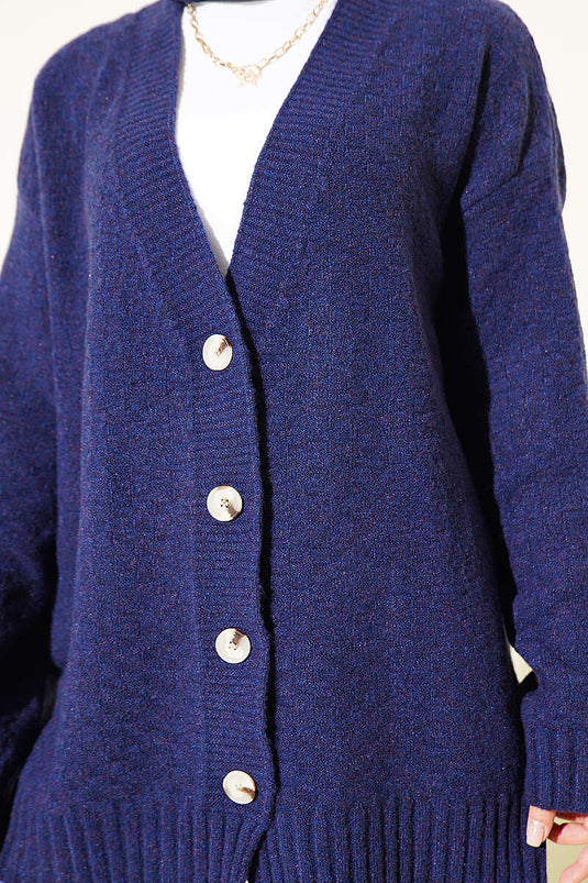 V Neck Buttoned Oversized Knit Cardigan Navy