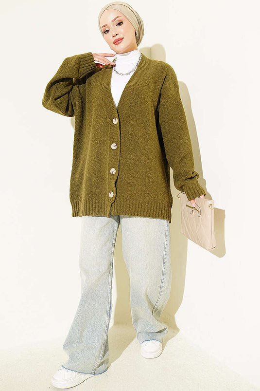Gilet En Maille Oversize À Col En V Et Boutons, Vert Olive