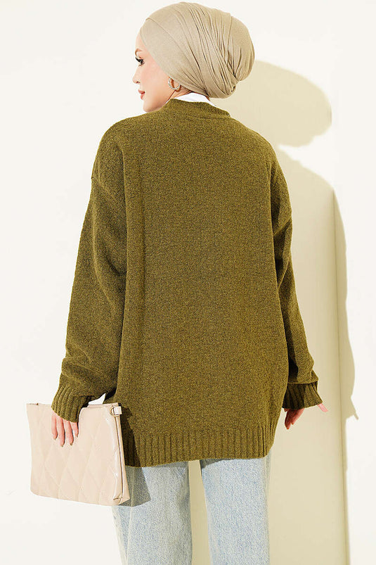 Gilet En Maille Oversize À Col En V Et Boutons, Vert Olive