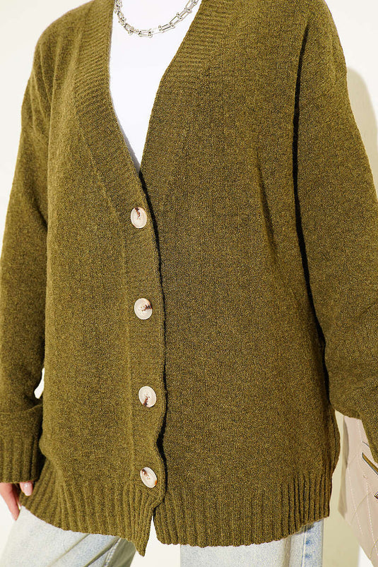 Gilet En Maille Oversize À Col En V Et Boutons, Vert Olive
