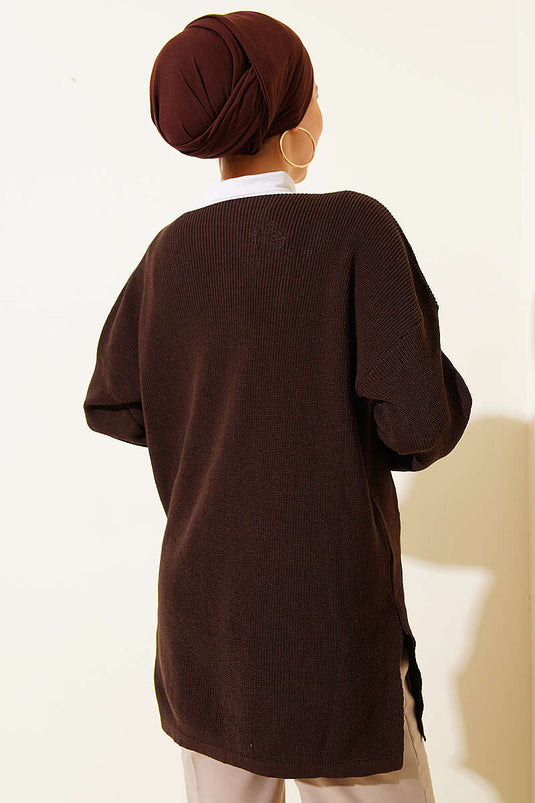 V-neck Plain Knit Tunic Brown
