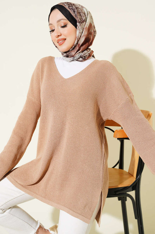 V-Neck Plain Knit Tunic Latte