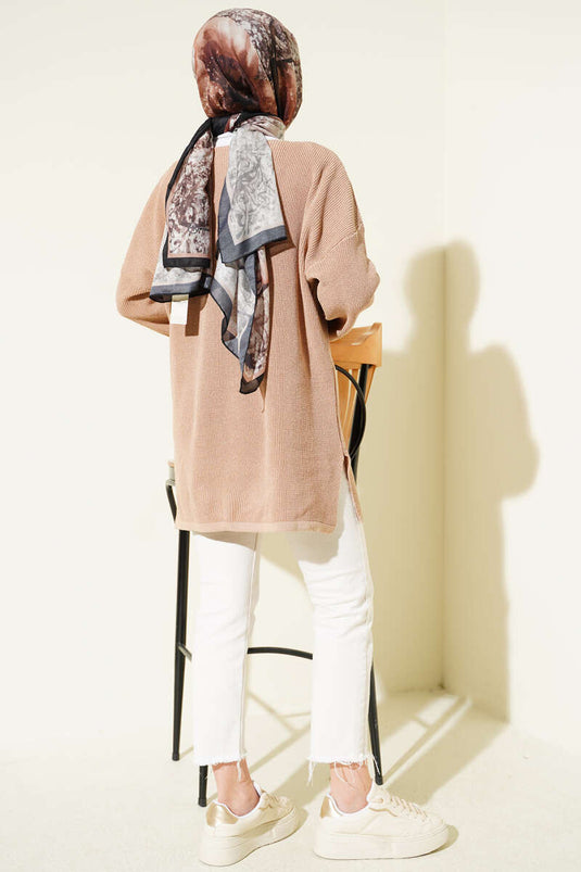 V-Neck Plain Knit Tunic Latte