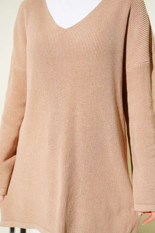 V-Neck Plain Knit Tunic Latte