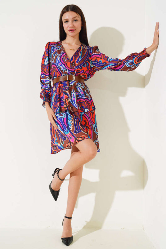 V-Neck Ethnic Pattern Satin Dress Brown