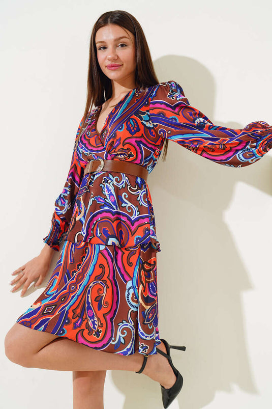 V-Neck Ethnic Pattern Satin Dress Brown