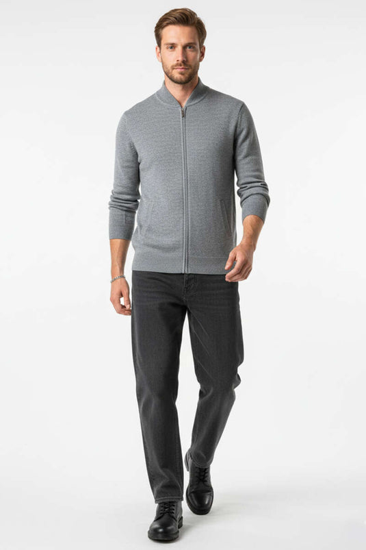 Cardigan da uomo in maglia grigia con collo a V e chiusura a cerniera