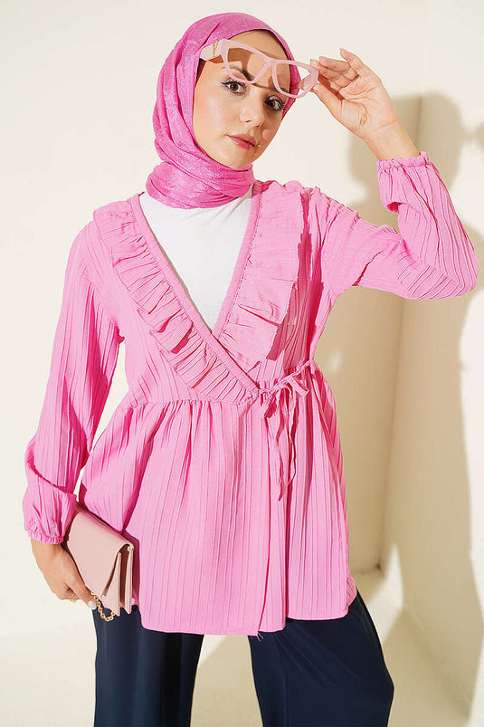 Rosa V-Ausschnitt Kimono Mit Rüschen
