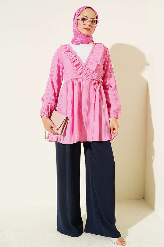 Rosa V-Ausschnitt Kimono Mit Rüschen