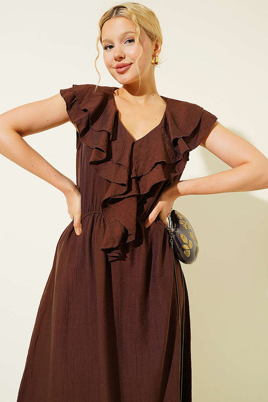 V Yaka Fırfırlı Kolsuz Midi Elbise Kahve