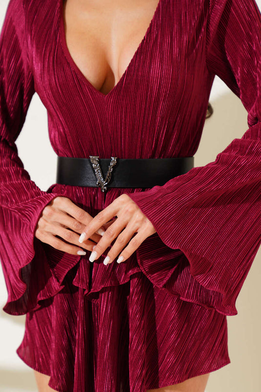 V-Neck Ruffle Mini Dress Burgundy