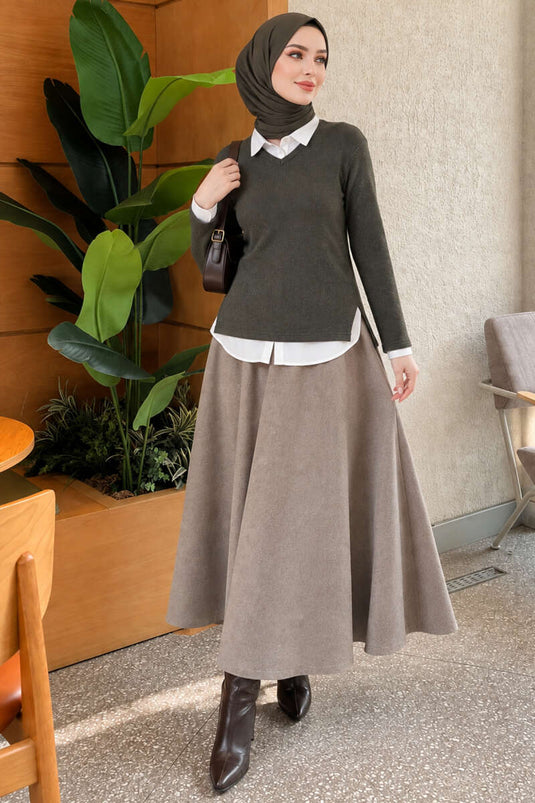 Blouse Haki À Col V En Laine Texturée