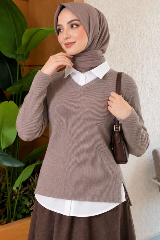 Blouse En Laine Mélangée À Col En V Et Texture Couleur Lait De Vache