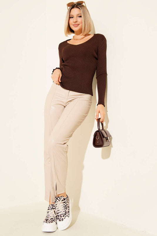 V-Neck Ribbed Knit Blouse, Brown