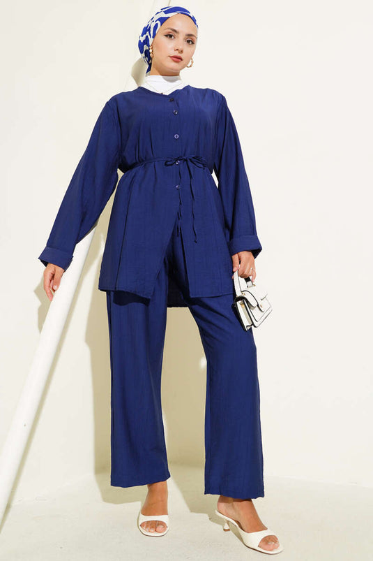 V Yaka İp Kuşaklı İkili Takım Lacivert