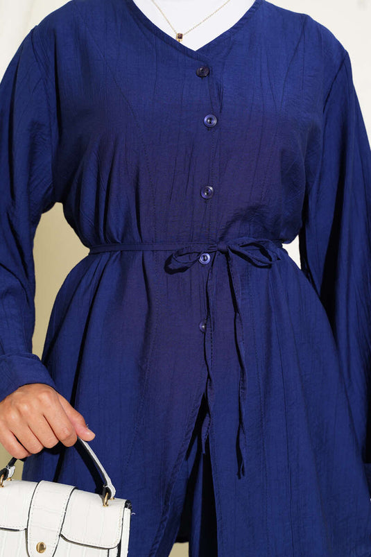 V Yaka İp Kuşaklı İkili Takım Lacivert