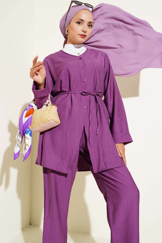 V-Necked Rope Belted Two-Piece Suit Purple