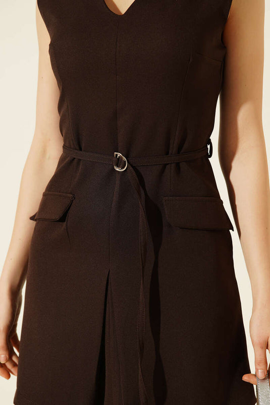V-neck Mini Dress with Rope Belt Brown