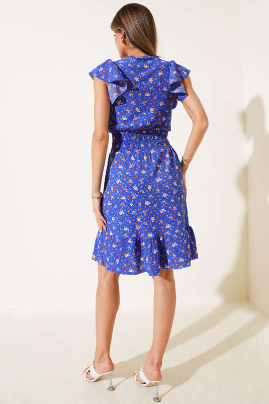 فستان بياقة على شكل حرف V وأكمام مكشكشة، لون نيلي