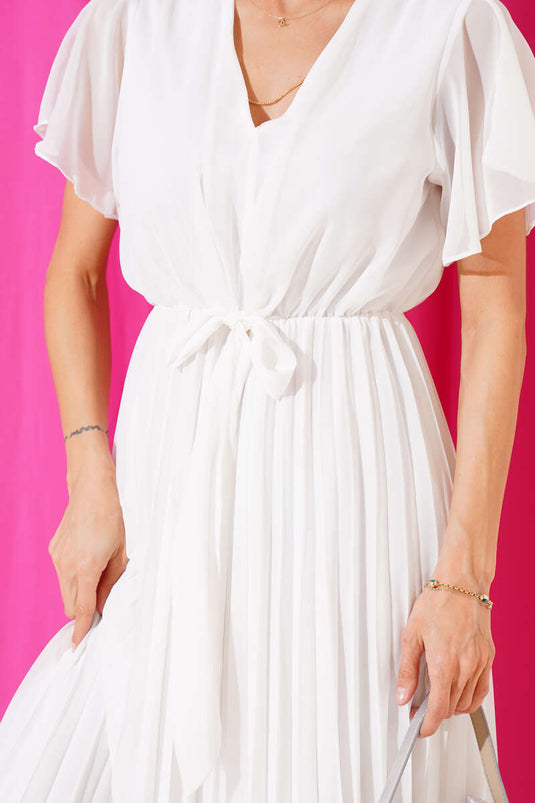 V-Neck Pleated Chiffon Midi Dress White