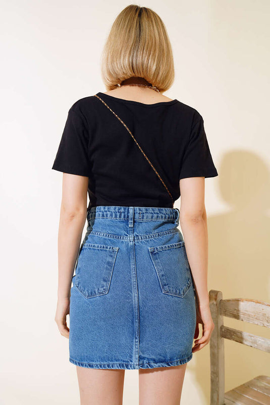 Schwarze, farbenfrohe Bluse mit V-Ausschnitt und Knöpfen