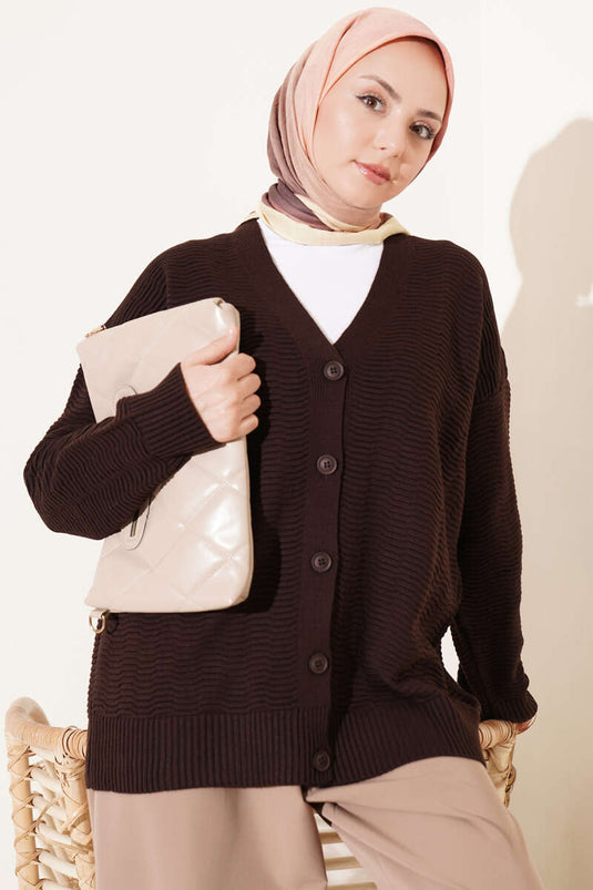 Oversized Strickjacke Mit V-Ausschnitt Und Rippenmuster In Warmem Braun