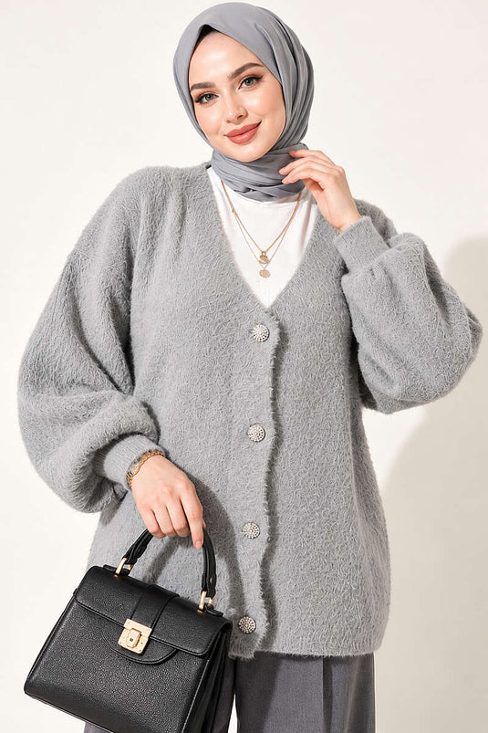 Gilet À Col En V Orné De Boutons Gris
