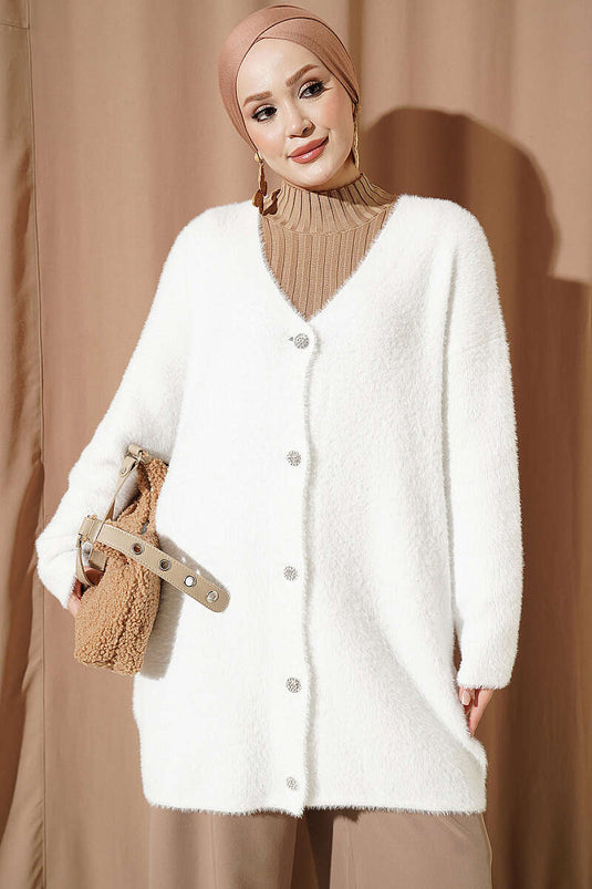 Gilet Long À Boutons Blanc À Col En V