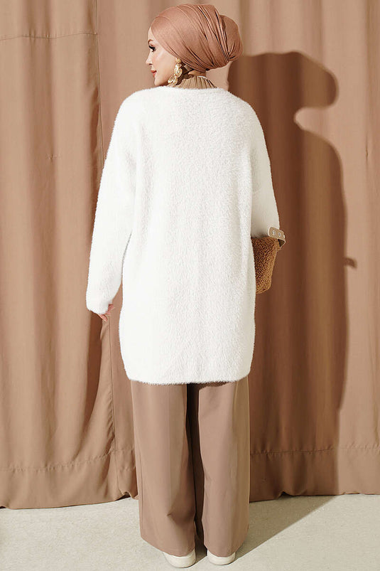 Gilet Long À Boutons Blanc À Col En V