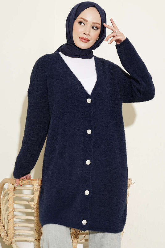 Cardigan Lungo Con Scollo A V E Barba, Blu Navy